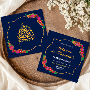 Invitation Fiançailles musulmanes islamiques à fleurs bleu fo