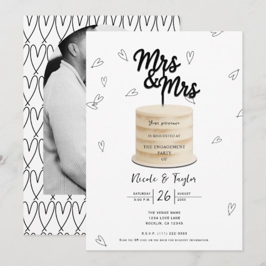 Invitation Fiançailles noir et blanc de Mrs. & Mrs. Cake & He (Devant / Derrière)