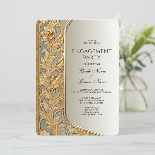 Invitation Fiançailles Ornate Or Moderne (Debout devant)