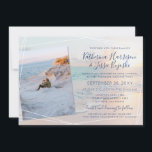 Invitation Fiançailles Photo Beach Wedding<br><div class="desc">Ajoutez votre photo fiançailles ou votre photo préférée de vos jours de plage à ce doux coucher de soleil romantique de plage dans les teintes de pêche, rose, et bleu turquoise doux. Avec d'élégantes polices de calligraphie moderne et une bordure en rectangle géométrique superposée, il convient pour les mariages de...</div>