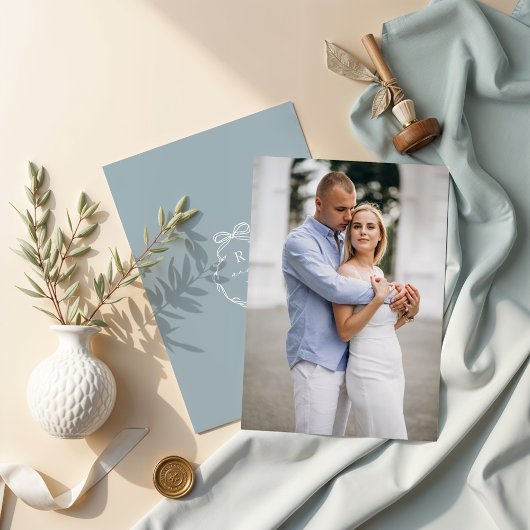 Invitation Fiançailles Photo Bow & Ribbon Monogram Mariage