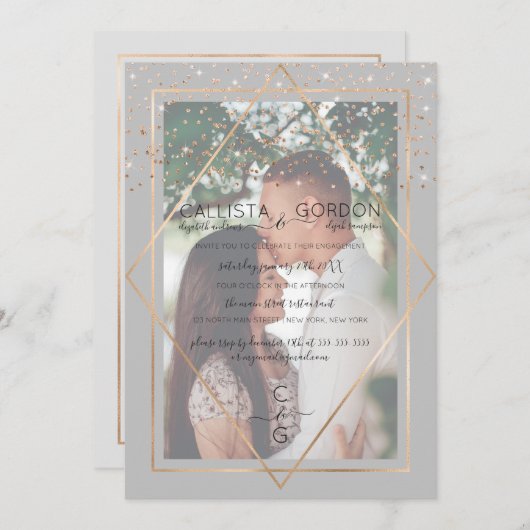 Invitation Fiançailles photo frontière Gray Gold Confetti (Devant / Derrière)