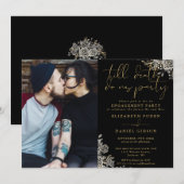 Invitation Fiançailles photo gothique noir et or (Devant / Derrière)