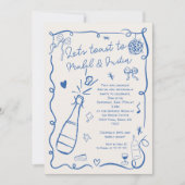 Invitation Fiançailles photo retro bleu français illustré (Devant)