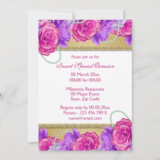 Invitation Fiançailles rose violet or mariage anniversaire (Dos)