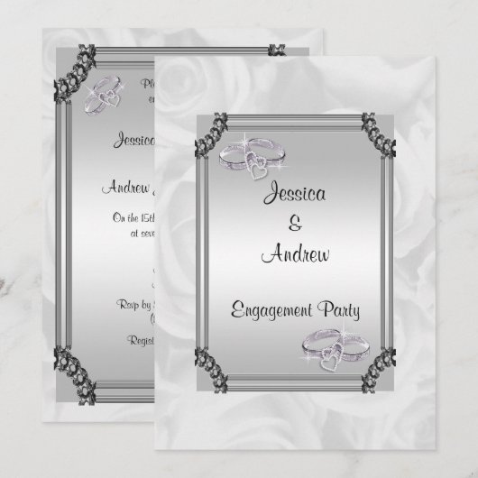 Invitation Fiançailles Roses Blanches & Bagues de Mariage Dia (Devant / Derrière)