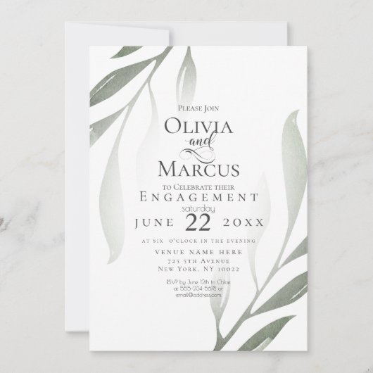 Invitation FIANÇAILLES | Sage Vert Olive Branche Aquarelle (Devant)