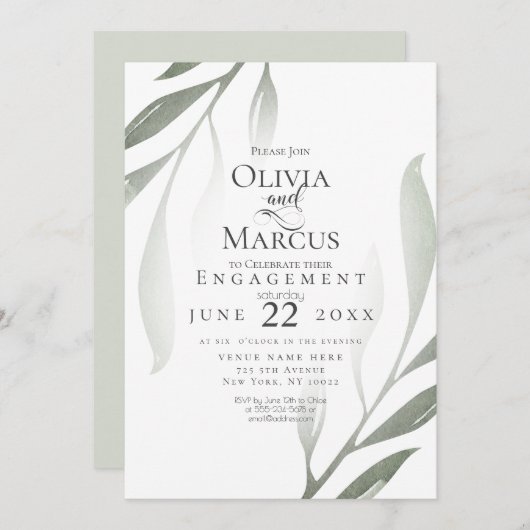 Invitation FIANÇAILLES | Sage Vert Olive Branche Aquarelle (Devant / Derrière)