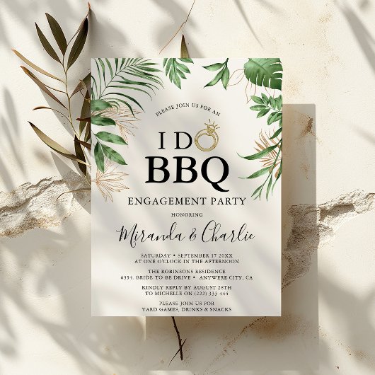 Invitation Fiançailles Tropical Green & Gold I Do BBQ