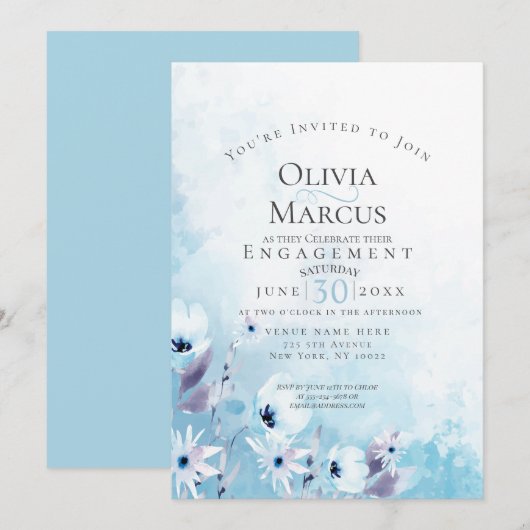Invitation FIANÇAILLES | Watercolor Sky Blue Anemone Garden (Devant / Derrière)