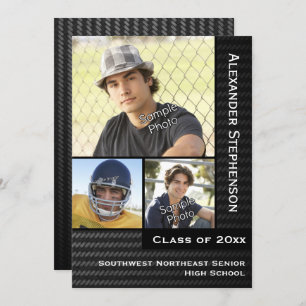 Invitation Fibre de carbone noire 3 Photo Boys Graduation