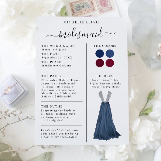 Invitation Fiche Info Bridesmaid Détails Marine & Bourgogne