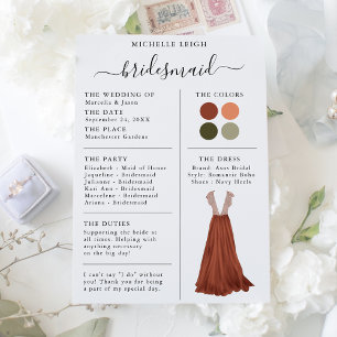 Invitation Fiche Info Bridesmaid Détails Terracotta, Olive