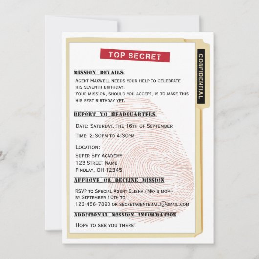 Invitation Fichier de mission de l'agent secret Spy Anniversa (Devant)