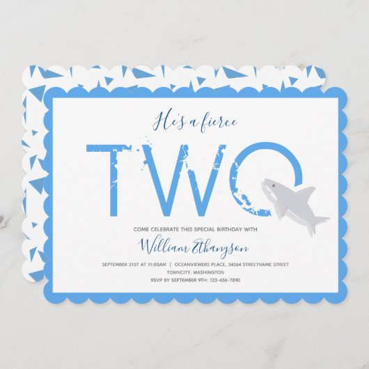 Invitation Fierce Two Blue Shark Animal 2ème anniversaire (Devant / Derrière)