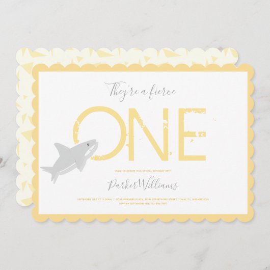 Invitation Fierce Un Requin Jaune Animal Premier Anniversaire (Devant / Derrière)