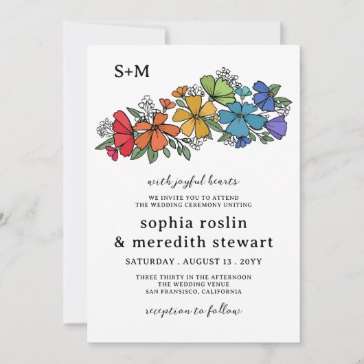 Invitation Fierté Fleurs Monogrammes Détails Mariage LGBT (Devant)
