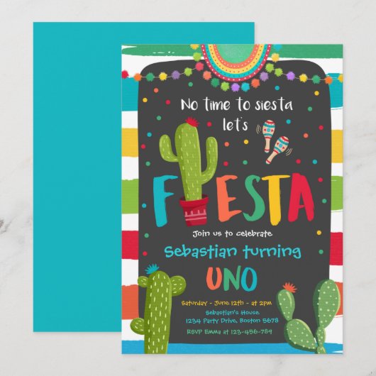 Invitation Fiesta 1er anniversaire fête mexicaine Cactus Part (Devant / Derrière)