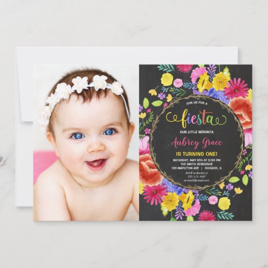 Invitation Fiesta anniversaire fille aquarelle florale photo (Devant)