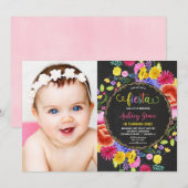 Invitation Fiesta anniversaire fille aquarelle florale photo (Devant / Derrière)