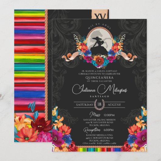Invitation Fiesta Bright Folk Floral Charro Quinceanera (Devant / Derrière)
