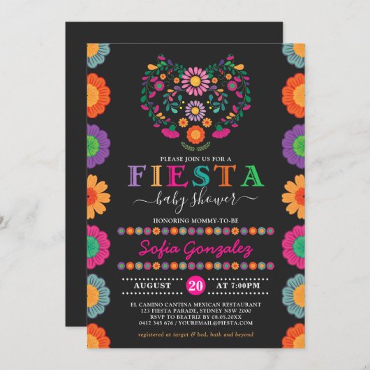 Invitation Fiesta colorée Baby shower Fleurs mexicaines (Devant / Derrière)