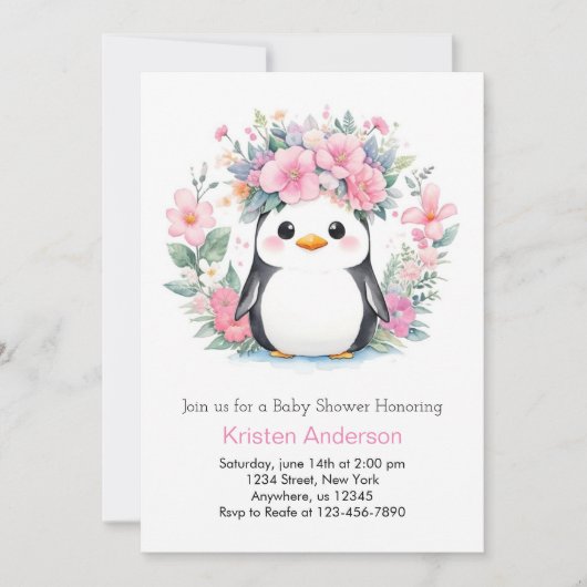 Invitation Fiesta de jeu de pingouin : Baby shower de fille (Devant)