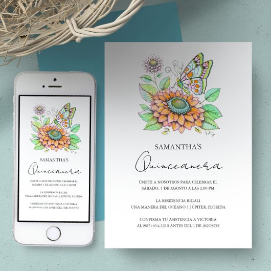 Invitation Fiesta de Quinceañera con Tema de Mariposas