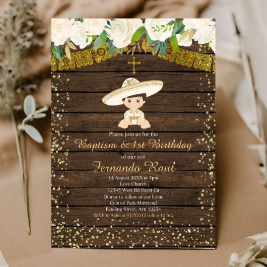 Invitation Fiesta d'or Baptême et premier anniversaire