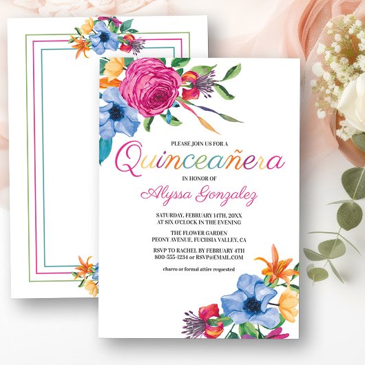 Invitation Fiesta Fleurs Aquarelle Florale Blanc Quinceanera