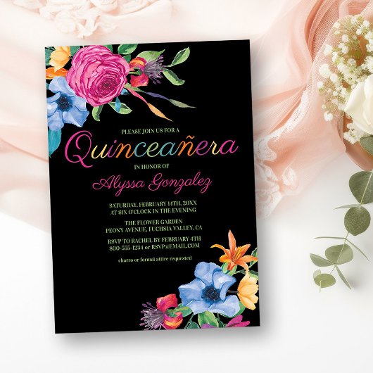 Invitation Fiesta Fleurs Aquarelle Noire Quinceanera Florale