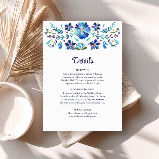 Invitation Fiesta Florale Bleu et Blanc Détails du Mariage