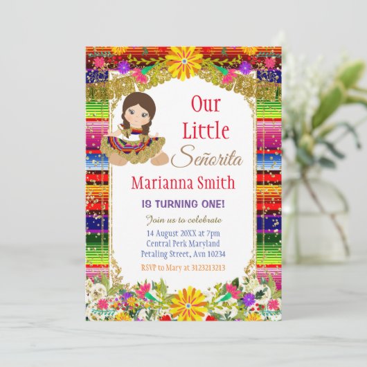 Invitation Fiesta Florale Mexicaine couleur or Fille Annivers (Debout devant)