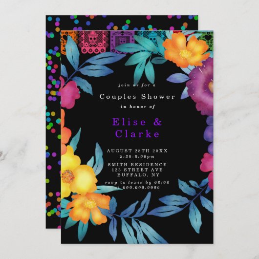 Invitation Fiesta Florals Mexicaine Douche Couple (Devant / Derrière)