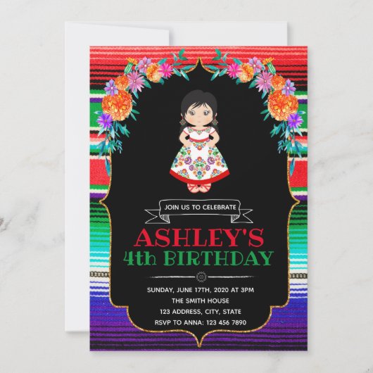 Invitation Fiesta girl anniversaire (Devant)