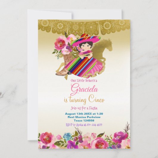 Invitation Fiesta Gold Fleurs Mexicaines Anniversaire Fille   (Devant)