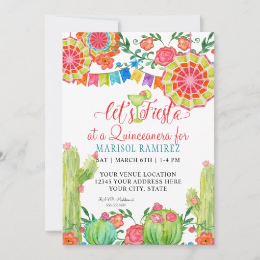 Invitation Fiesta Margarita Cactus 15e anniversaire Quinceane (Devant)