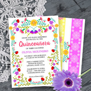 Invitation Fiesta mexicaine Art folklorique Floral Quinceaner