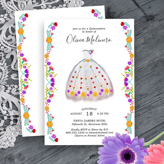 Invitation Fiesta mexicaine Blanc Floral Charro Quinceanera