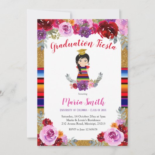 Invitation Fiesta Mexicaine Floral Girl Graduation (Devant)