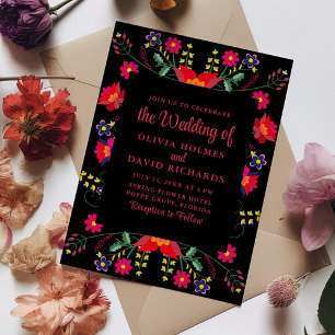 Invitation Fiesta Mexicana Mariage Floral rouge et noir