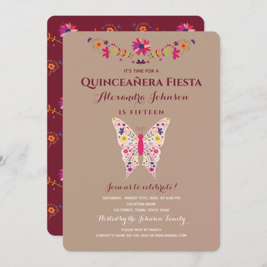 Invitation Fiesta papillon mexicain Quinceañera (Devant / Derrière)