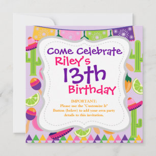 Invitation Fiesta Party Sombrero Cactus Lims Peppers Maracas