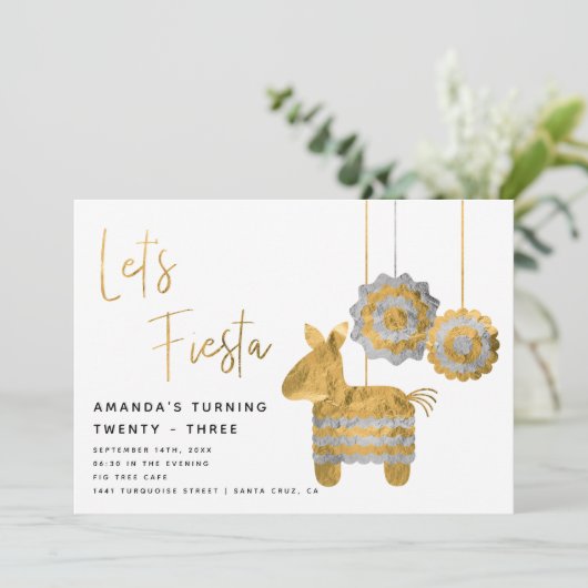 Invitation Fiesta Piñata Faux Gold Foil Anniversaire adulte (Debout devant)