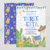 Invitation Fiesta Three Esta Boy Blue 3ème anniversaire Invit (Devant / Derrière)