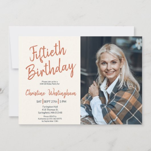 Invitation Fiftieth Birthday Photo Rustic Boho Script 50th (Devant)