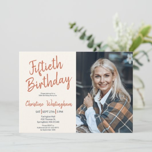 Invitation Fiftieth Birthday Photo Rustic Boho Script  50th  (Debout devant)