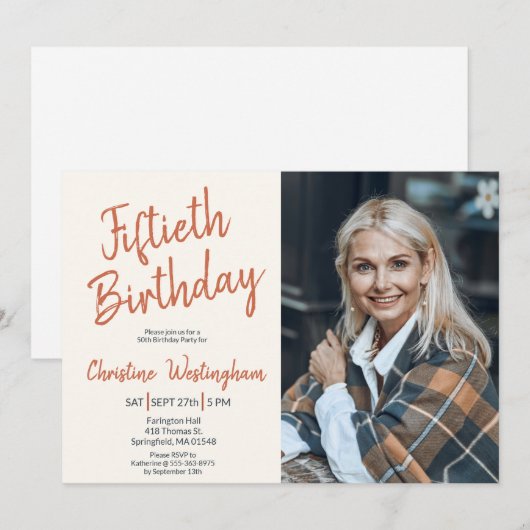 Invitation Fiftieth Birthday Photo Rustic Boho Script 50th (Devant / Derrière)