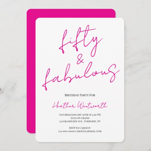 Invitation Fifty and Fabulous 50th Birthday Hot Pink Script (Devant / Derrière)