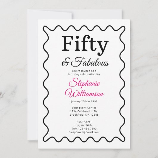 Invitation Fifty and Fabulous Black and Pink Script (Devant)